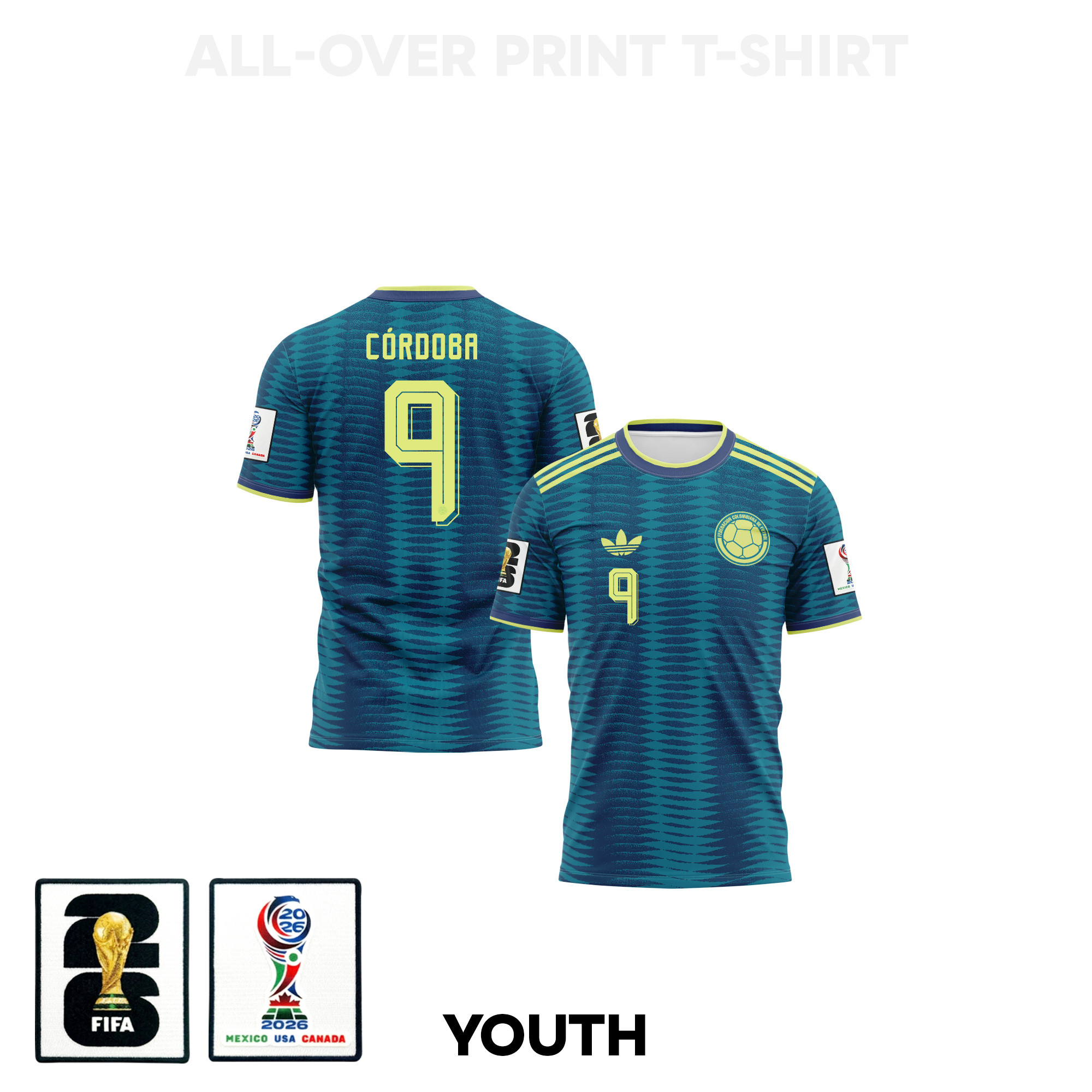Jhon Córdoba 9 Youth Colombia 2026 Away 3D T-shirt Fully Printed – Turquoise – Jersey Teams