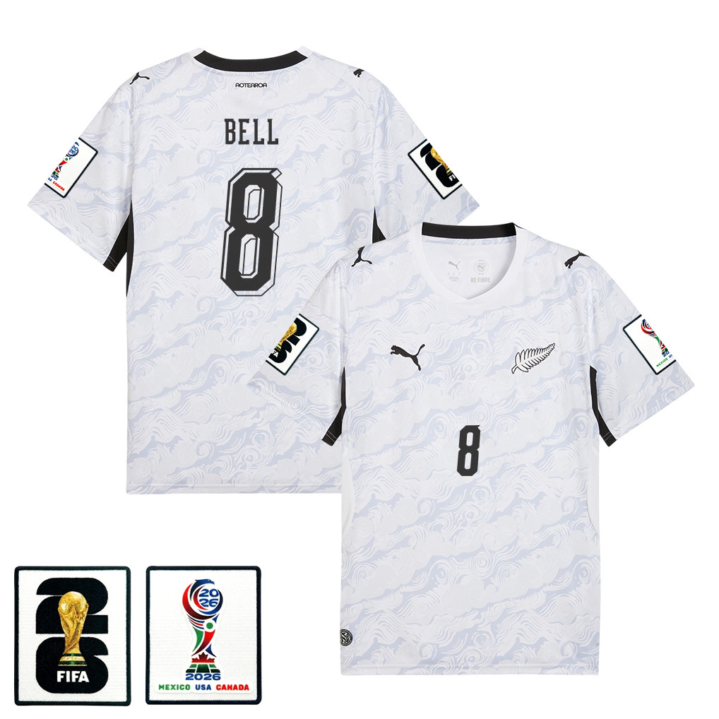 Joe Bell 8 New Zealand National Team 2026 Away Jersey - White, Men - Jersey Teams