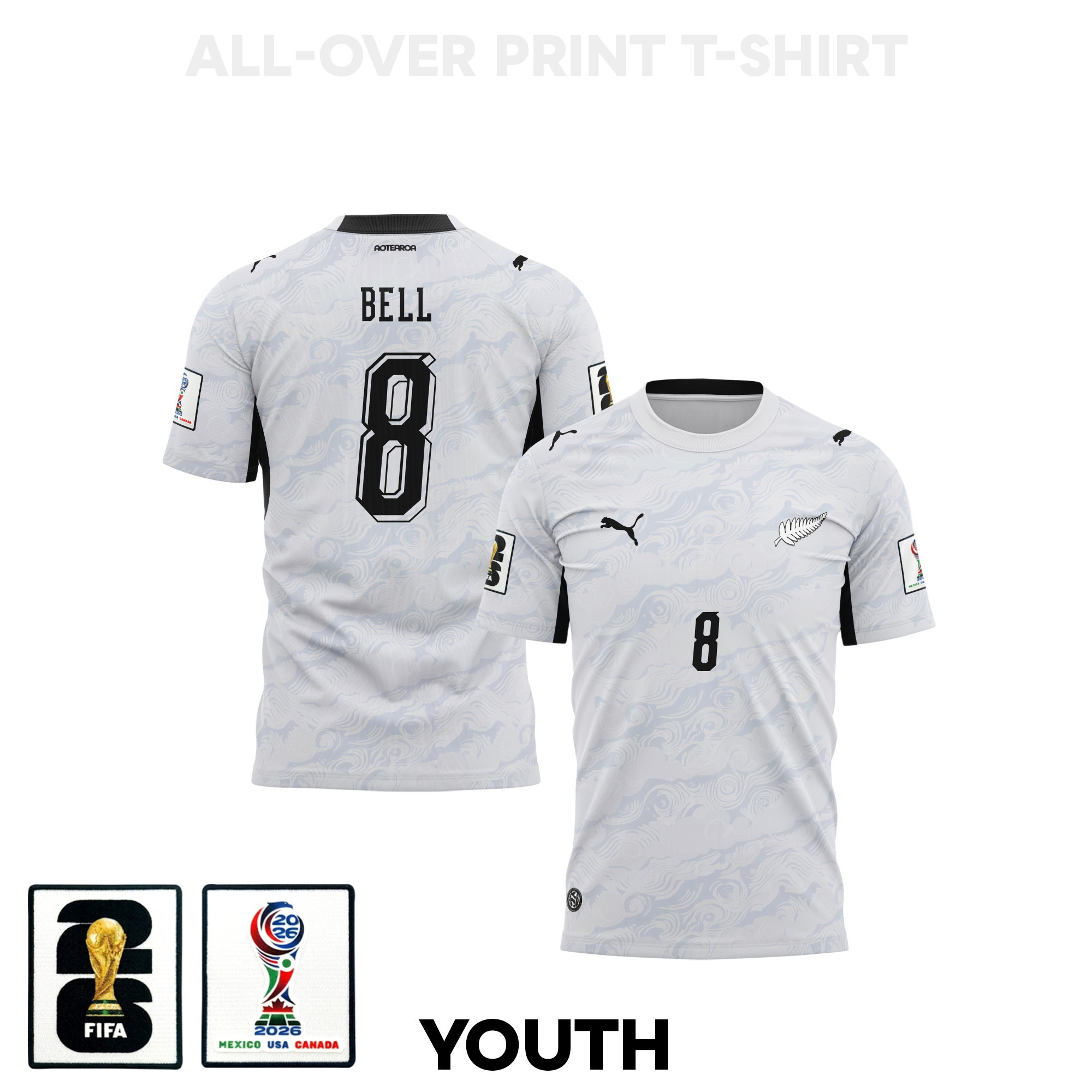 Joe Bell 8 Youth New Zealand 2026 Away 3D T-shirt Fully Printed – White – Jersey Teams