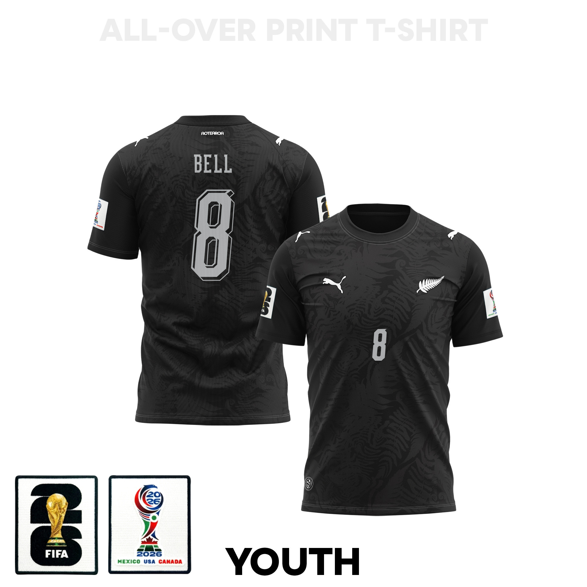 Joe Bell 8 Youth New Zealand 2026 Home 3D T-shirt Fully Printed – Black – Jersey Teams