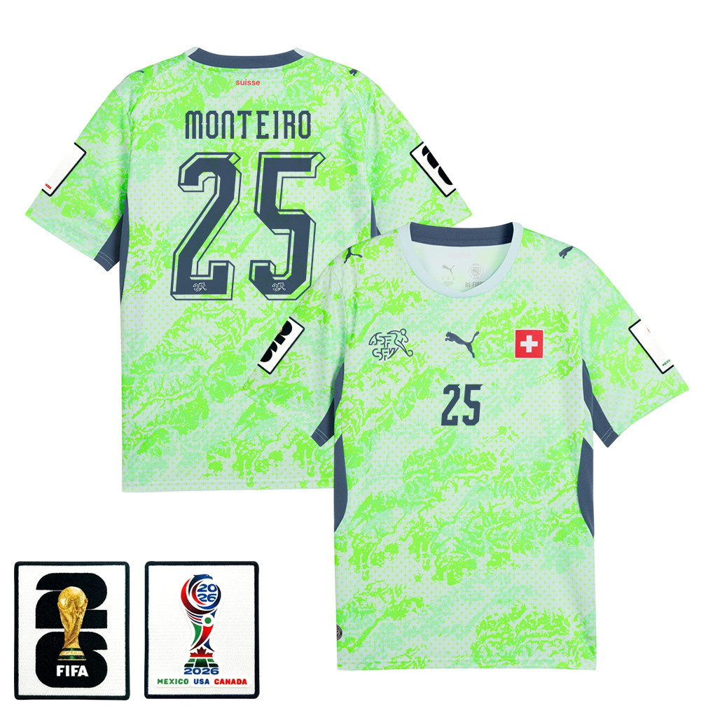 Joel Monteiro 25 Switzerland National Team 2026 x World Cup Patch Away Jersey - Men, Green - Jersey Teams