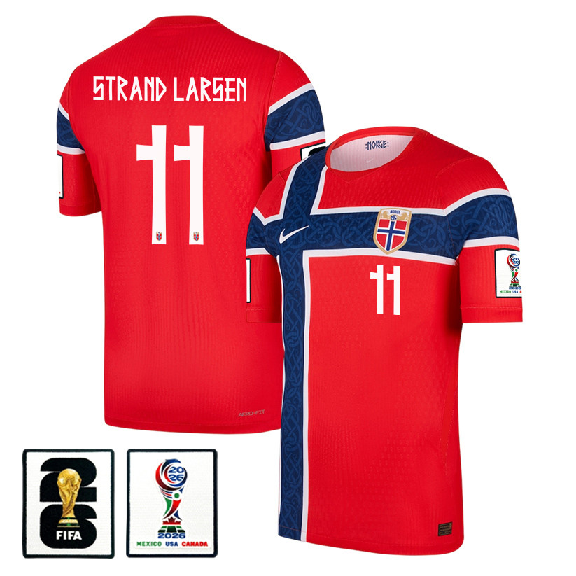 Joergen Strand Larsen 11 Norway National Team 2026 x World Cup Patch Home Jersey - Red, Men - Jersey Teams