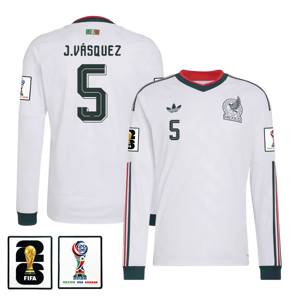 Johan Vásquez 5 Mexico National Team 2026 Away Long Sleeve Jersey - White - Jersey Teams