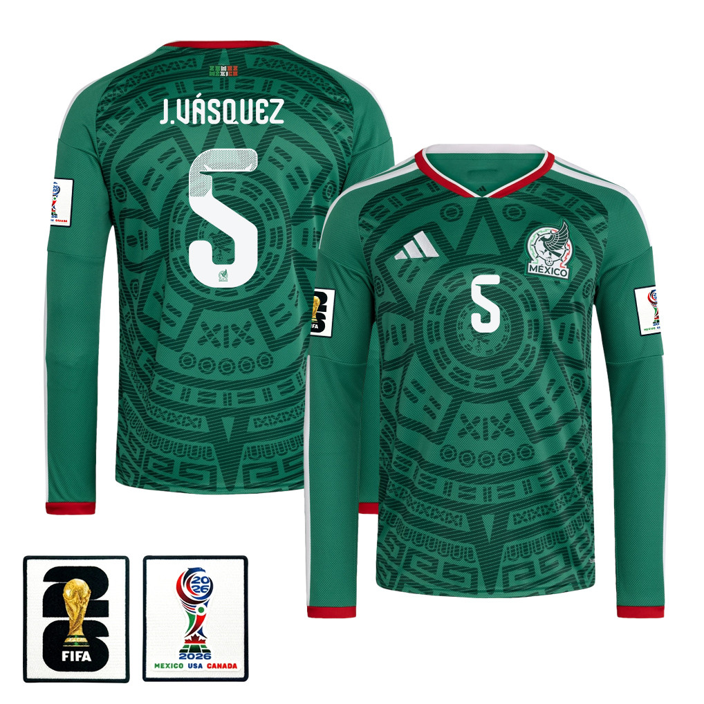 Johan Vásquez 5 Mexico National Team 2026 Home Long Sleeve Jersey - Green - Jersey Teams