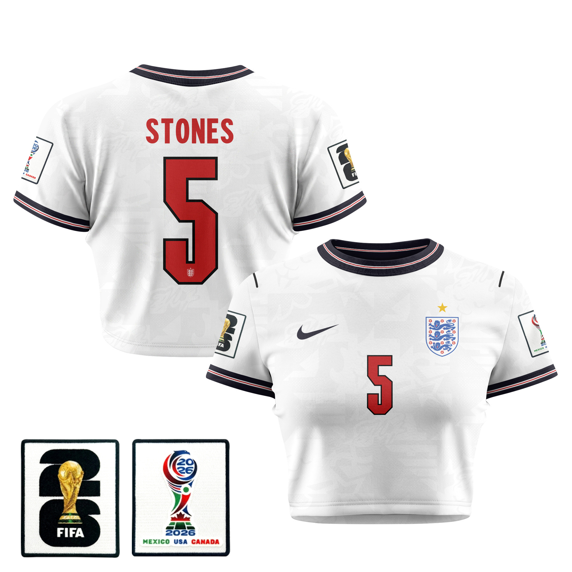 John Stones 5 England 2026 Women's Home All-Over Print Cropped Jersey - White - Jersey Teams