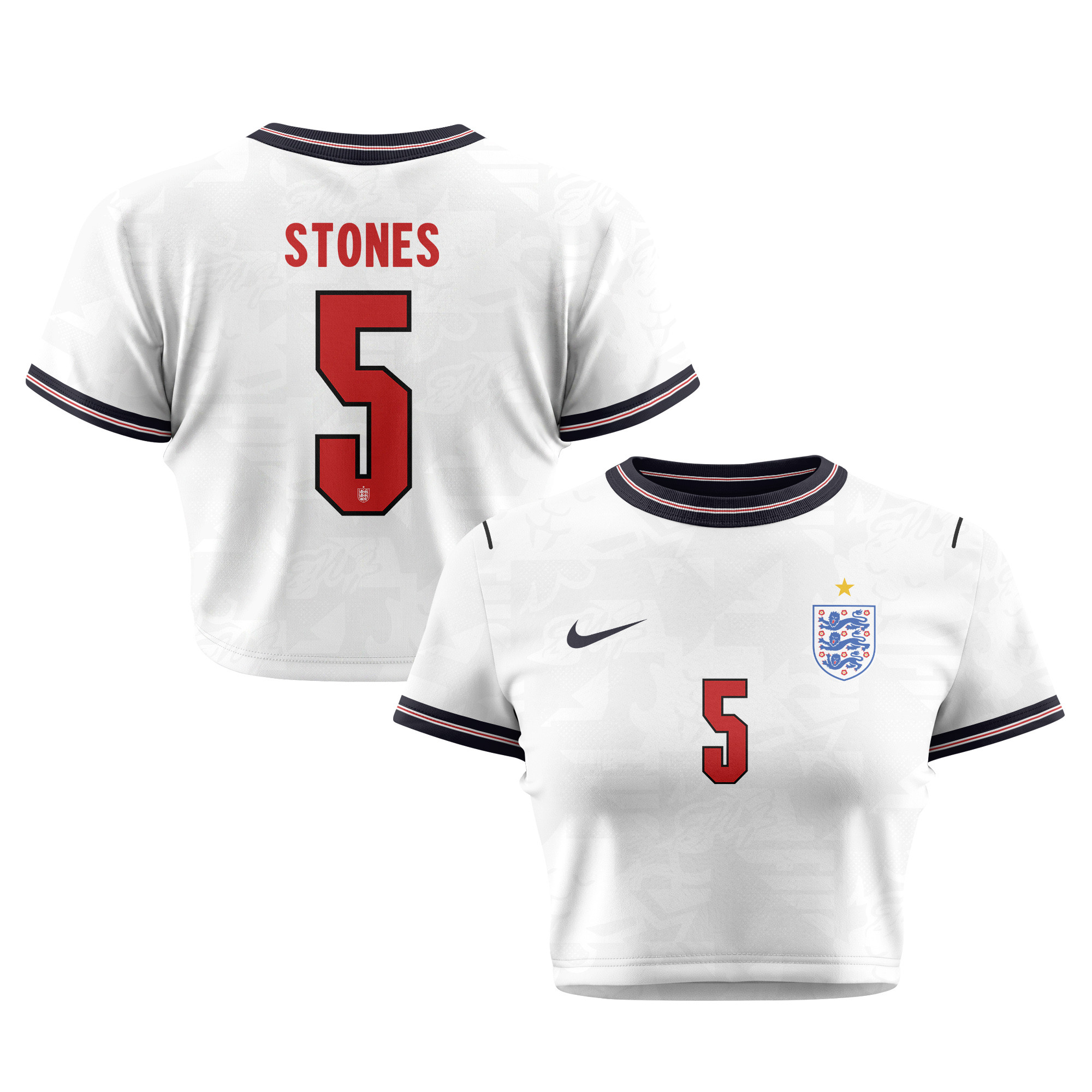 John Stones 5 England 2026 Women's Home All-Over Print Cropped Jersey - White - Jersey Teams