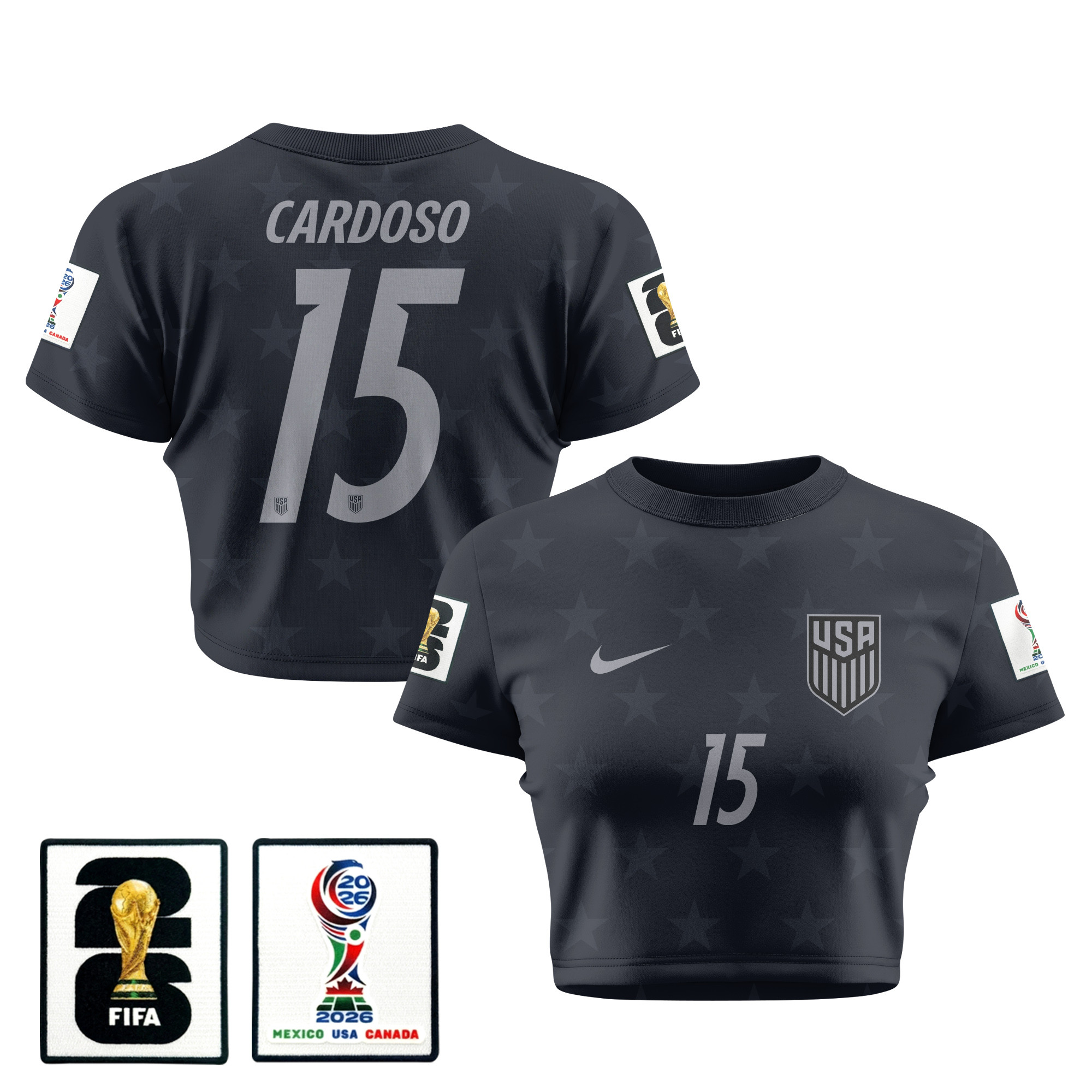 Johnny Cardoso 15 USMNT 2026 Women's Away All-Over Print Cropped Jersey - Black - Jersey Teams