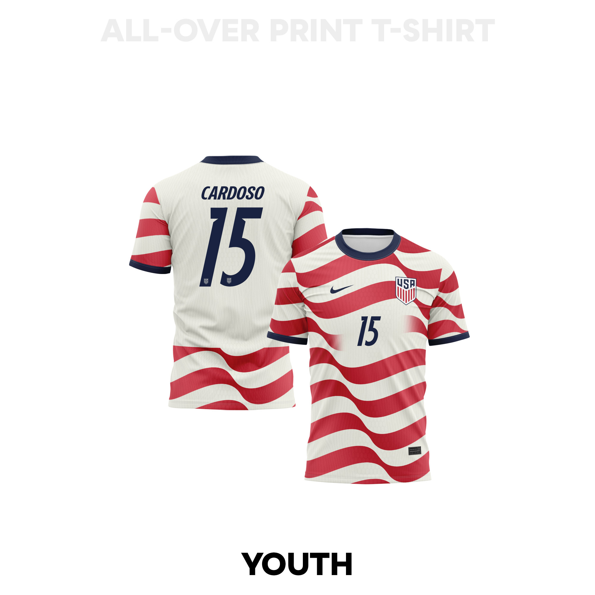 Johnny Cardoso 15 Youth USMNT 2026 Home 3D T-shirt Fully Printed – White/Red - Jersey Teams