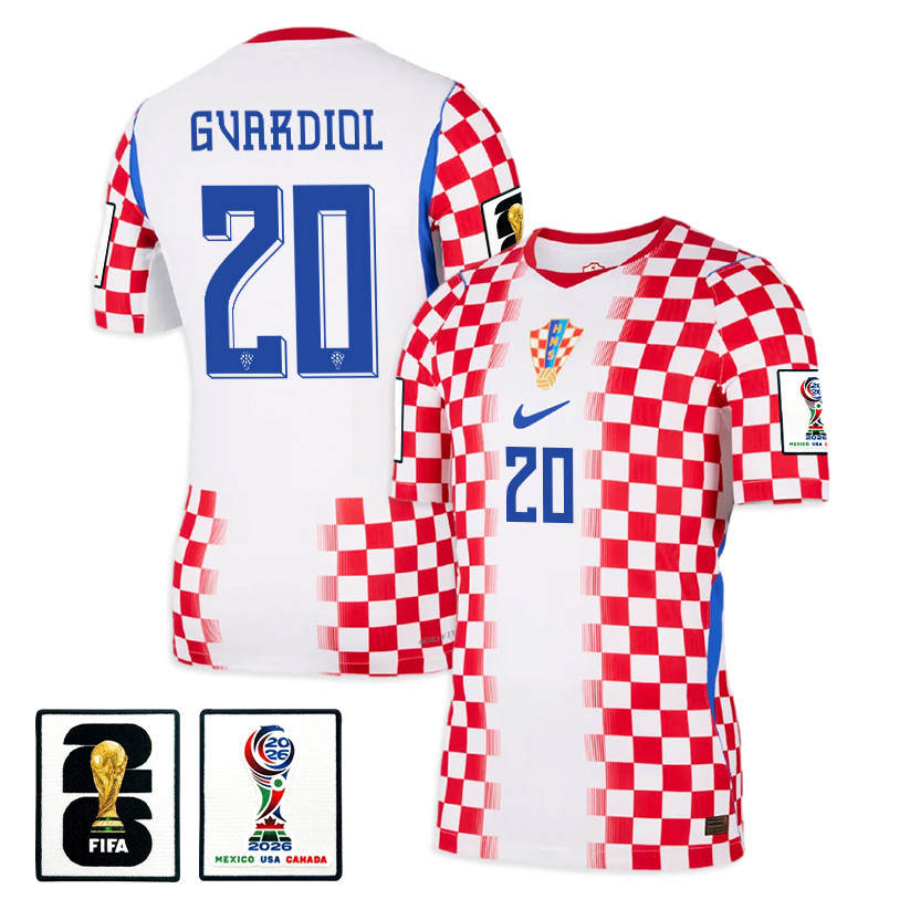 Joško Gvardiol 20 Croatia National Team 2026 x World Cup Patch Home Jersey - Men, White/ Red - Jersey Teams