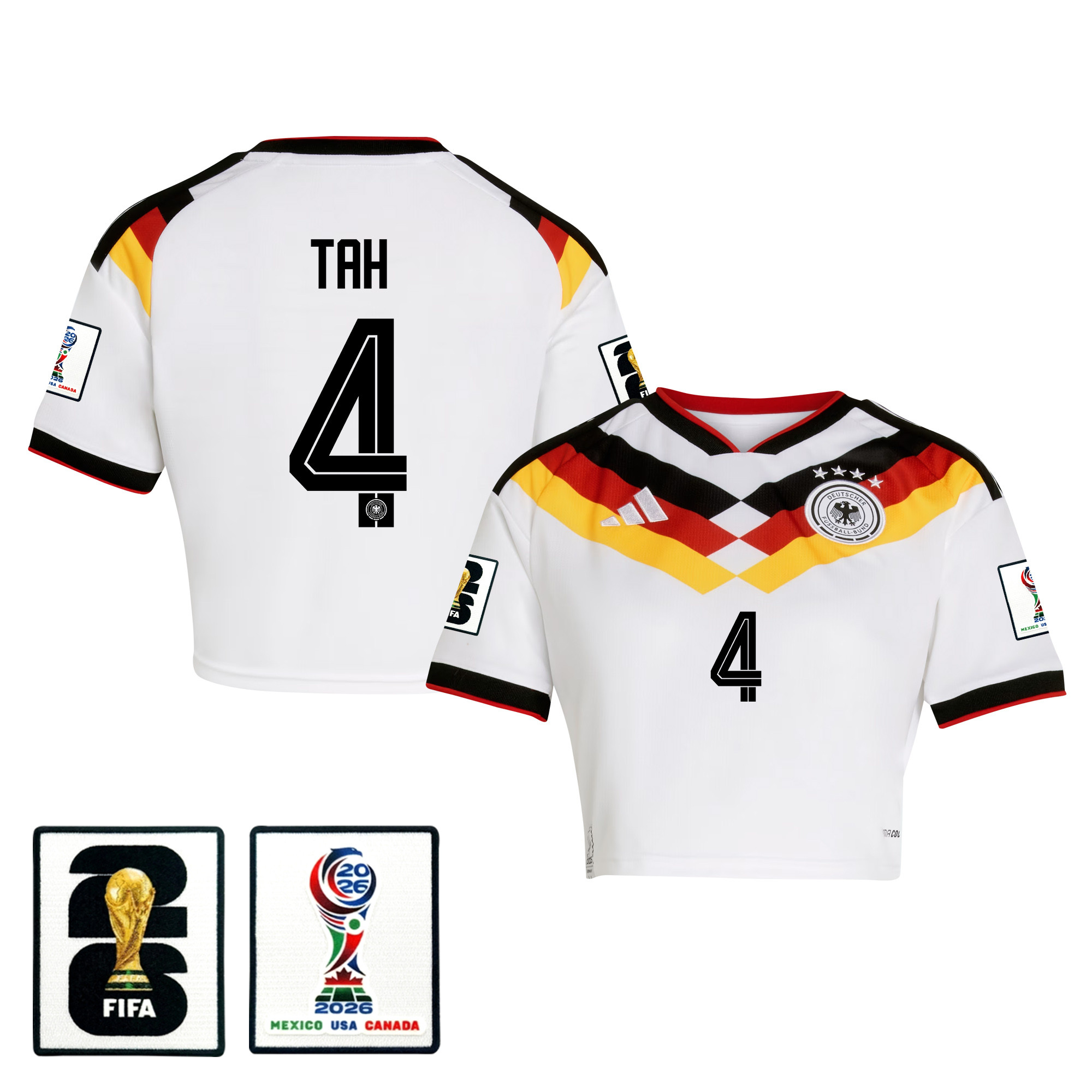 Jonathan Tah 4 Germany 2026 Home Women’s Cropped Jersey - White - Jersey Teams