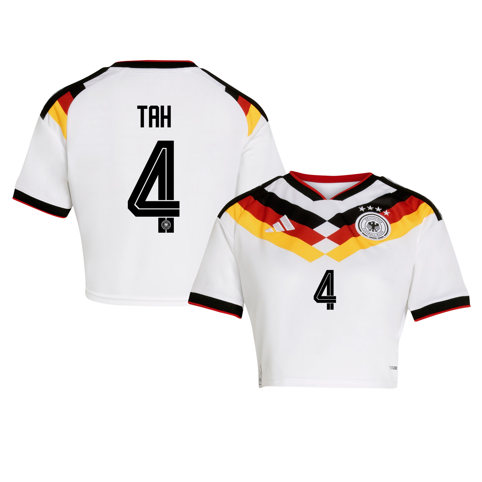 Jonathan Tah 4 Germany 2026 Home Women’s Cropped Jersey - White - Jersey Teams