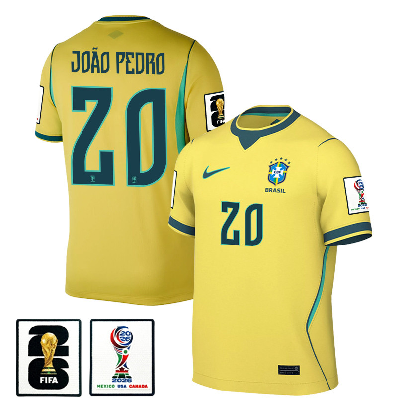 João Pedro 20 Brazil National Team 2026 x World Cup Patch Home Jersey - Yellow, Men - Jersey Teams