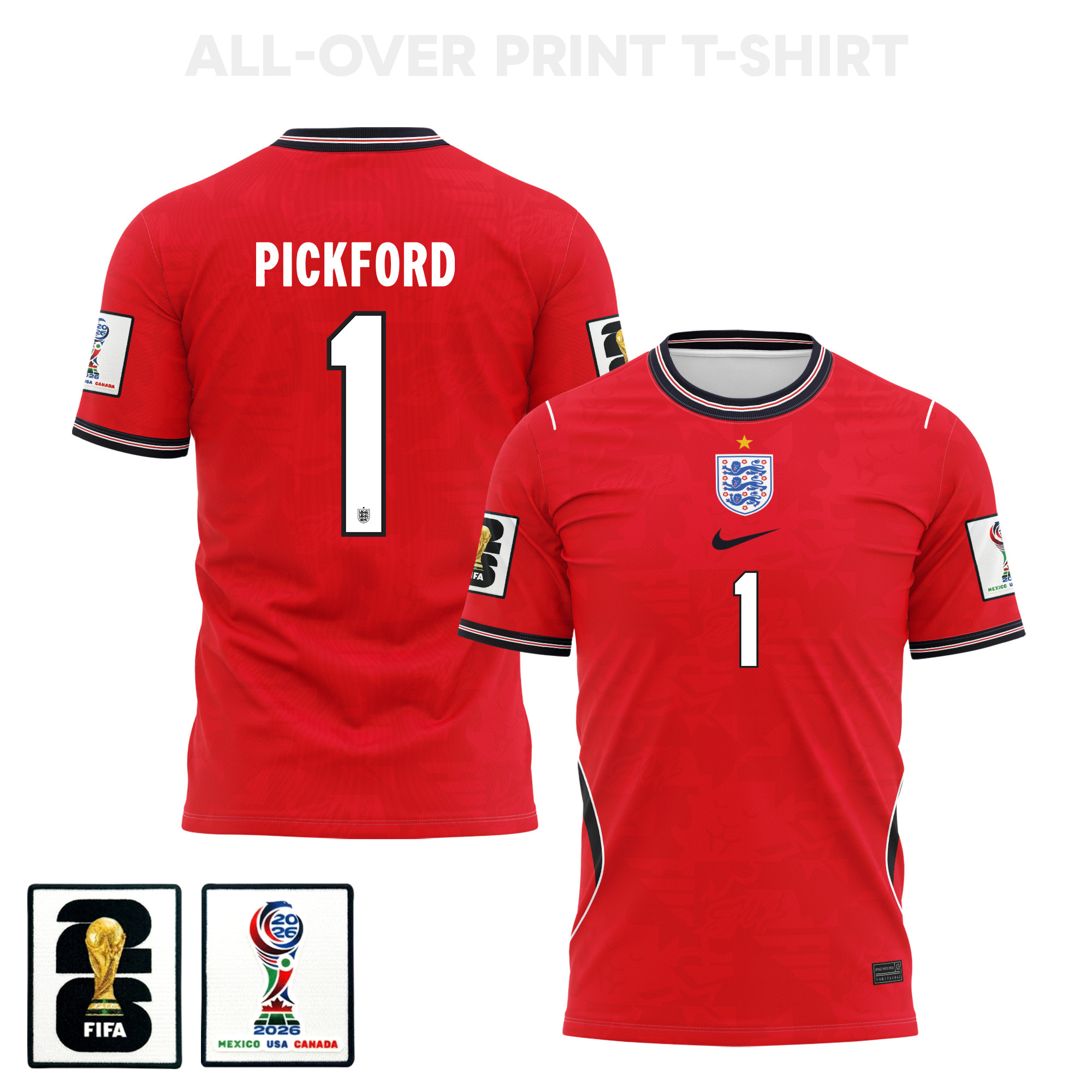 Jordan Pickford 1 England 2026 Away 3D T-Shirt Fully Printed – Unisex, Red - Jersey Teams