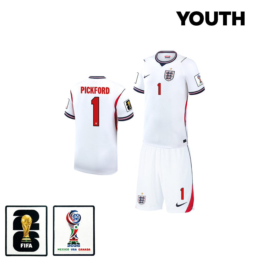 Jordan Pickford 1 England 2026 YOUTH Home Jersey & Shorts Set – White – Jersey Teams