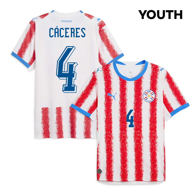 Juan Cáceres 4 Youth Paraguay National Team 2026 Home Jersey - White/Red - Jersey Teams