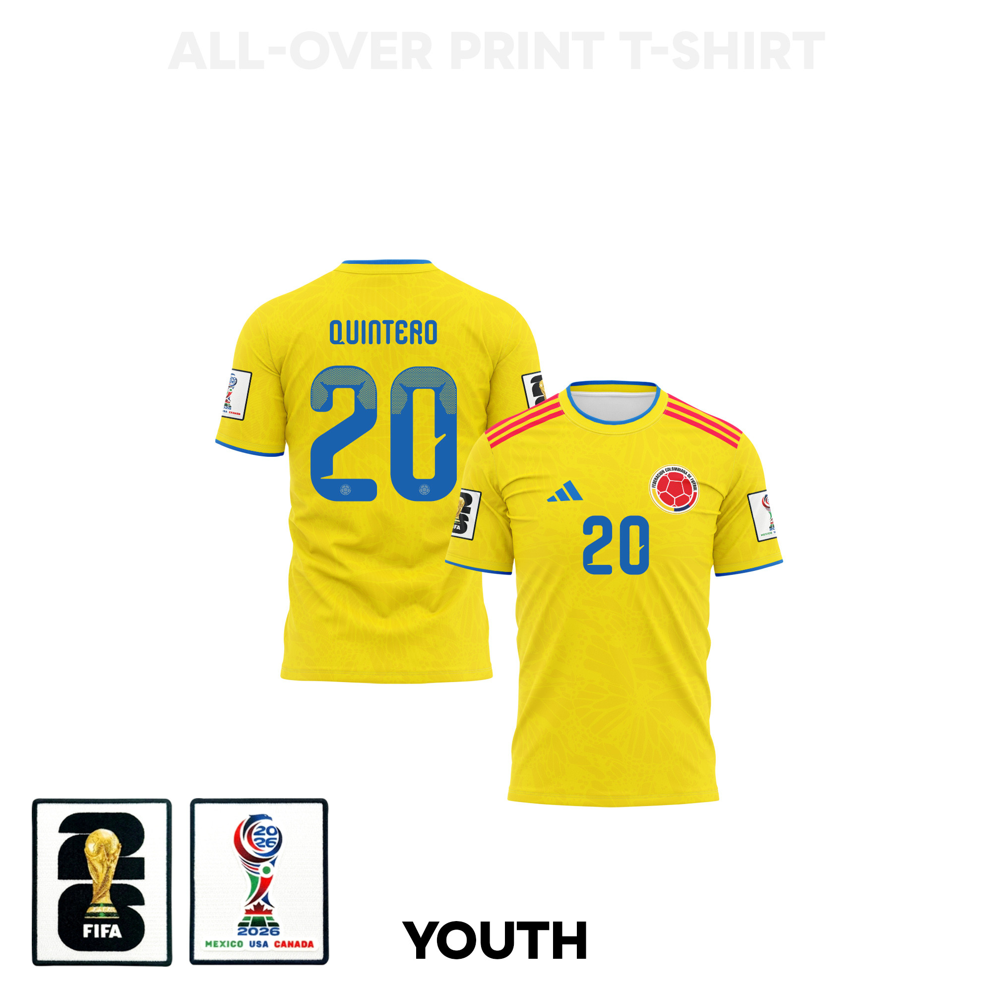 Juan Fernando Quintero 20 Youth Colombia 2026 Home 3D T-shirt Fully Printed – Yellow – Jersey Teams