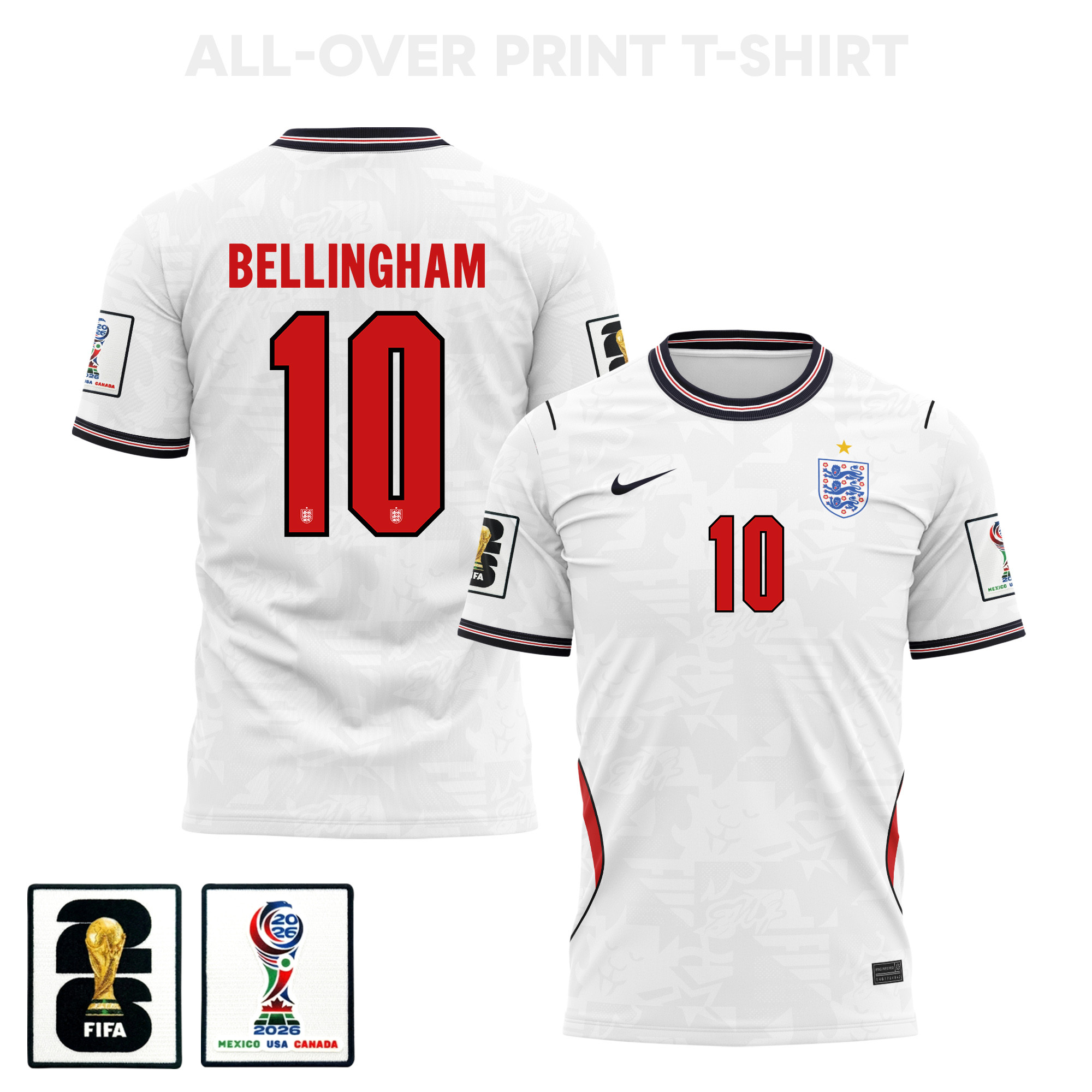 Jude Bellingham 10 England 2026 Home 3D T-Shirt Fully Printed – Unisex, White - Jersey Teams