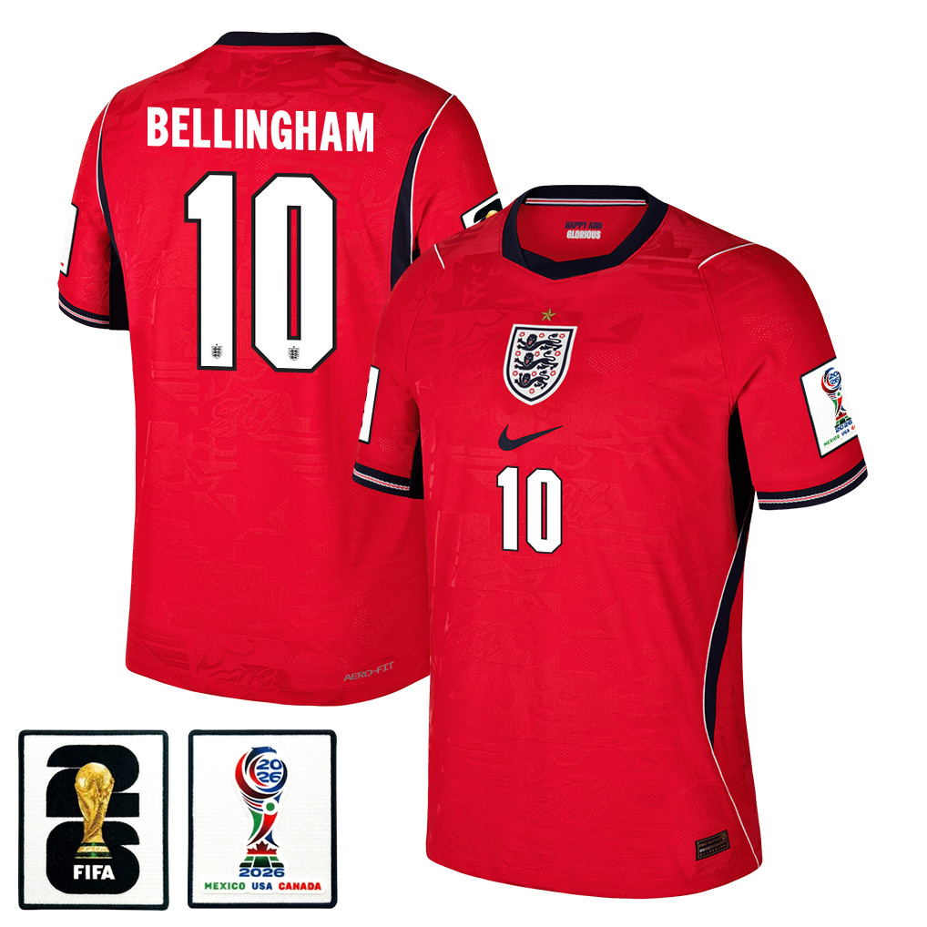 Jude Bellingham 10 England National Team 2026 x World Cup Patch Away Jersey - Red, Men - Jersey Teams