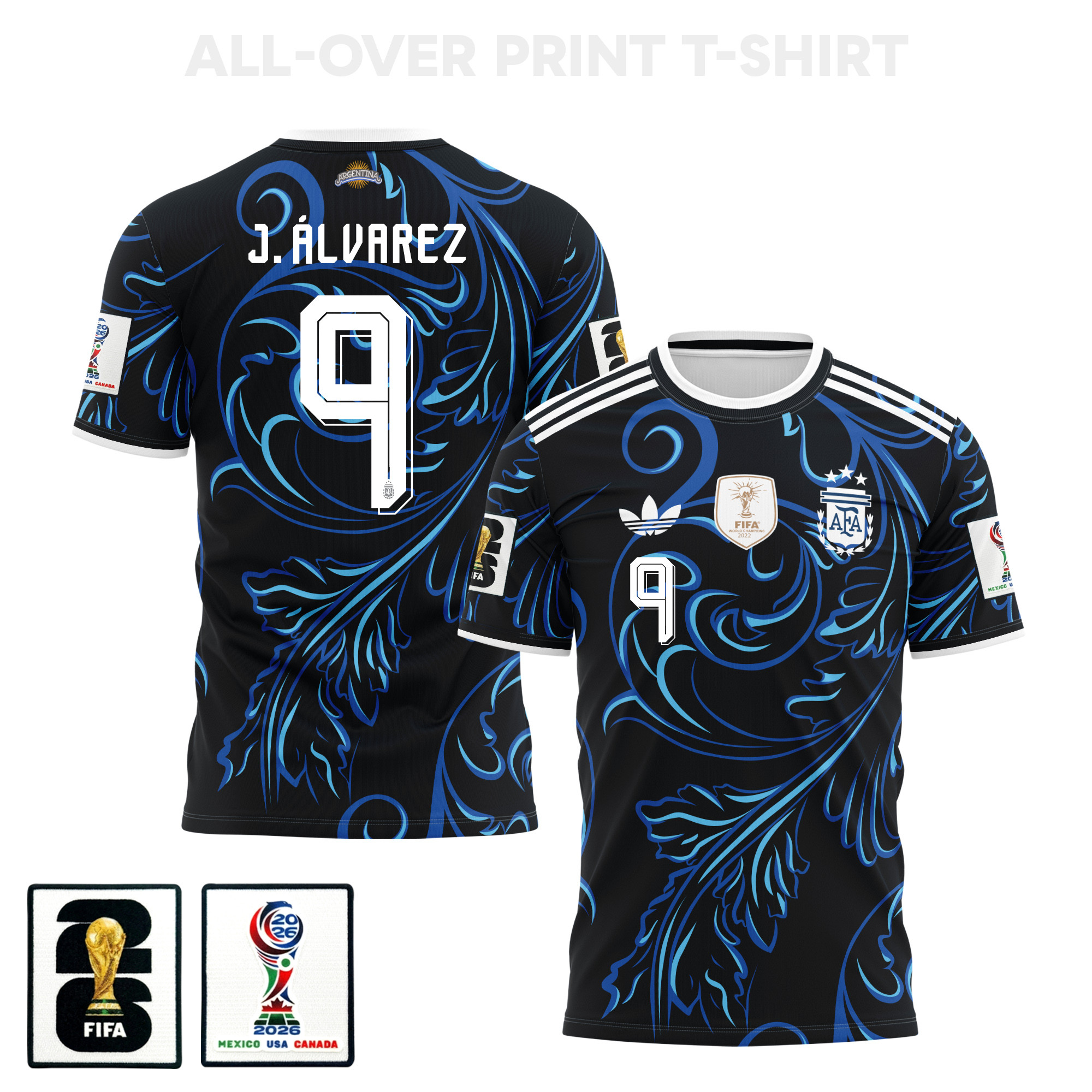 Julián Álvarez 9 Argentina 2026 Away 3D T-Shirt Fully Printed – Unisex, Black - Jersey Teams