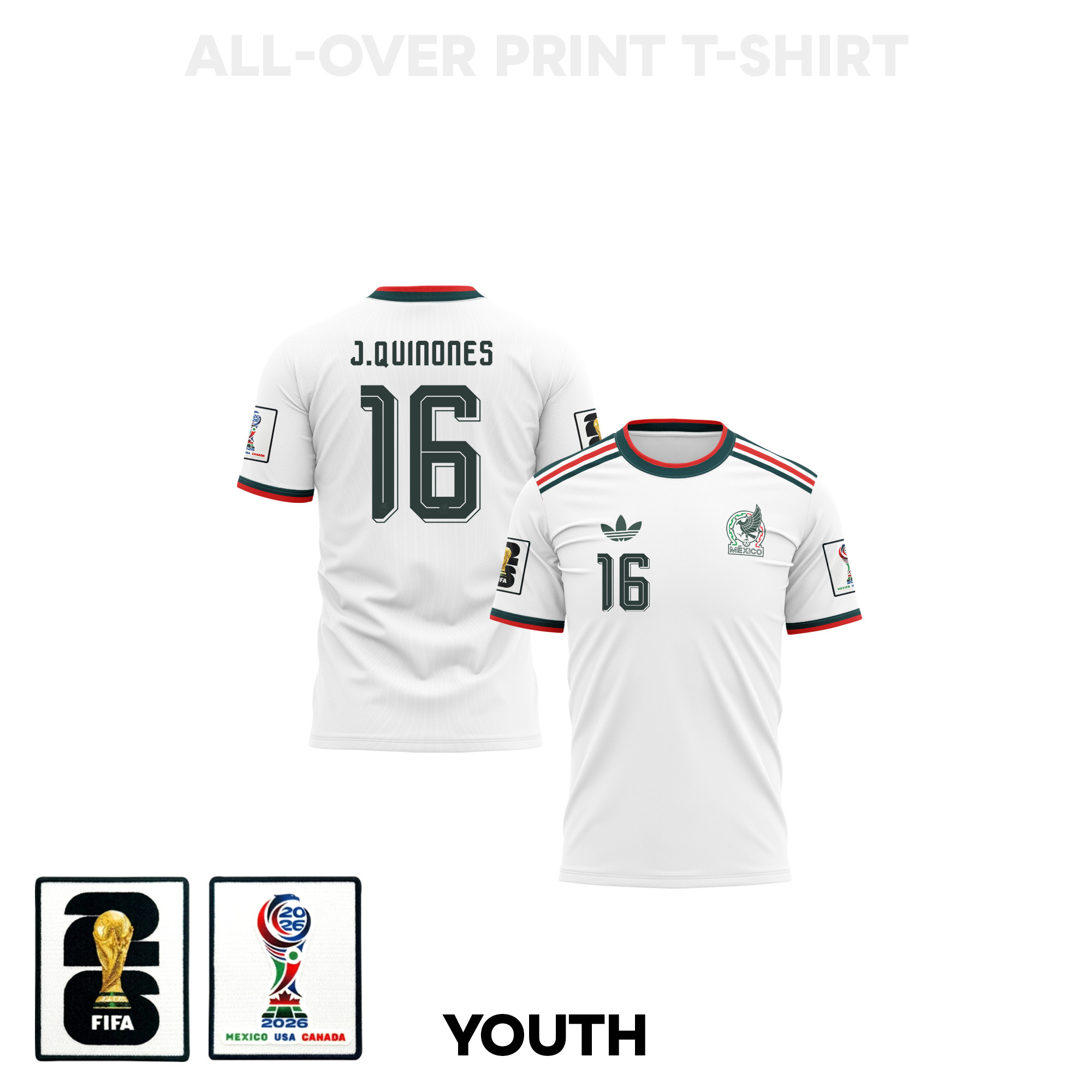 Julián Quiñones 16 Youth Mexico 2026 Away 3D T-shirt Fully Printed – White – Jersey Teams