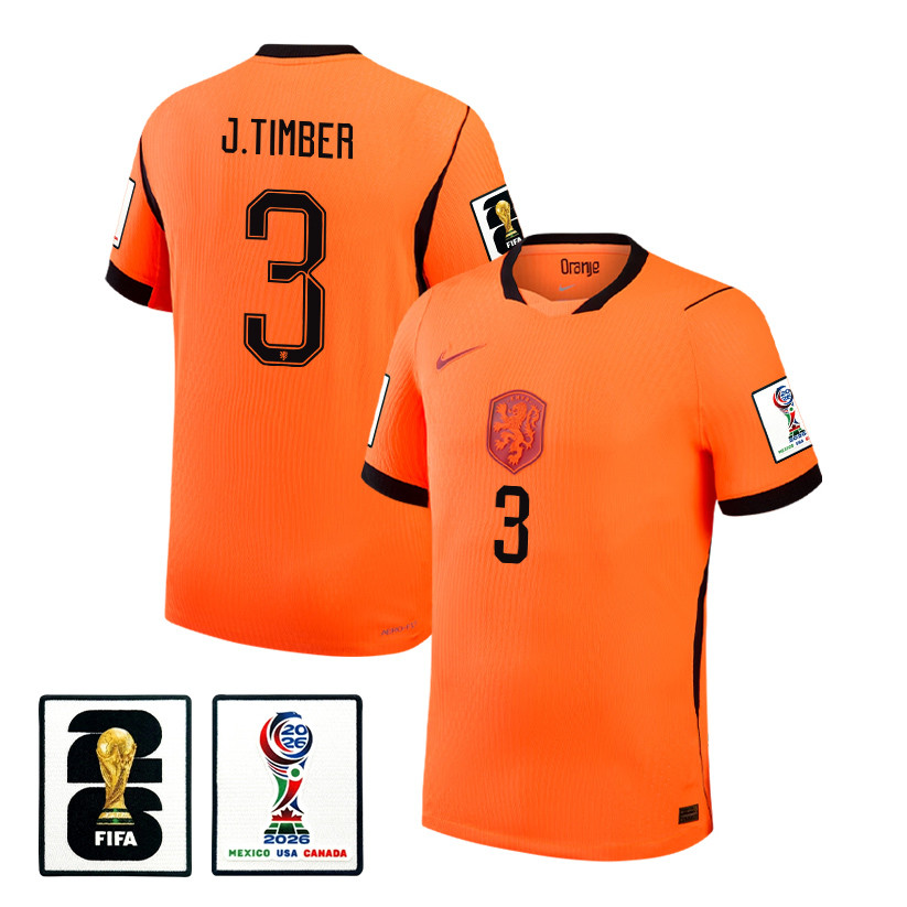 Jurriën Timber 3 Netherlands National Team 2026 x World Cup Patch Home Jersey - Orange, Men - Jersey Teams