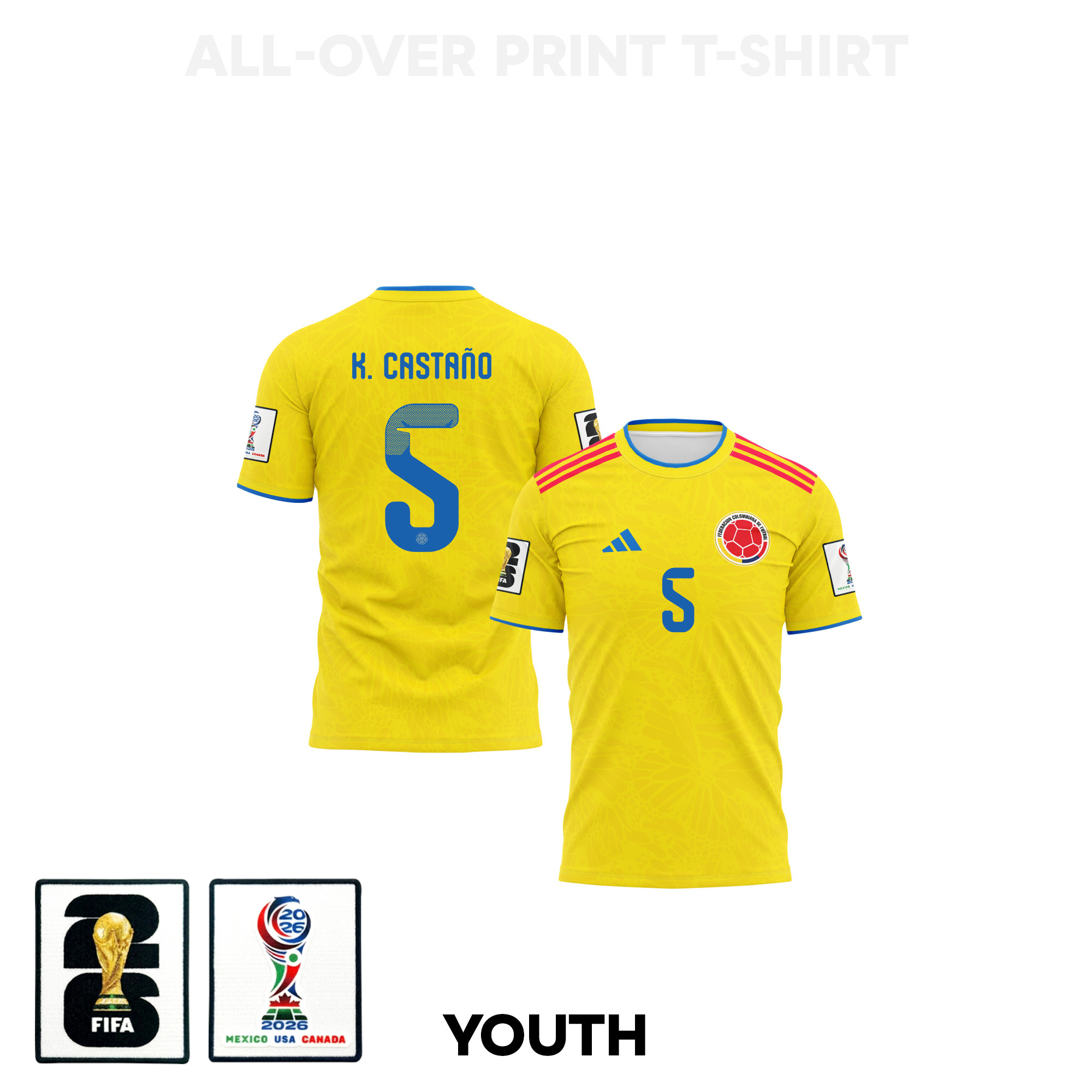 Kevin Castaño 5 Youth Colombia 2026 Home 3D T-shirt Fully Printed – Yellow – Jersey Teams