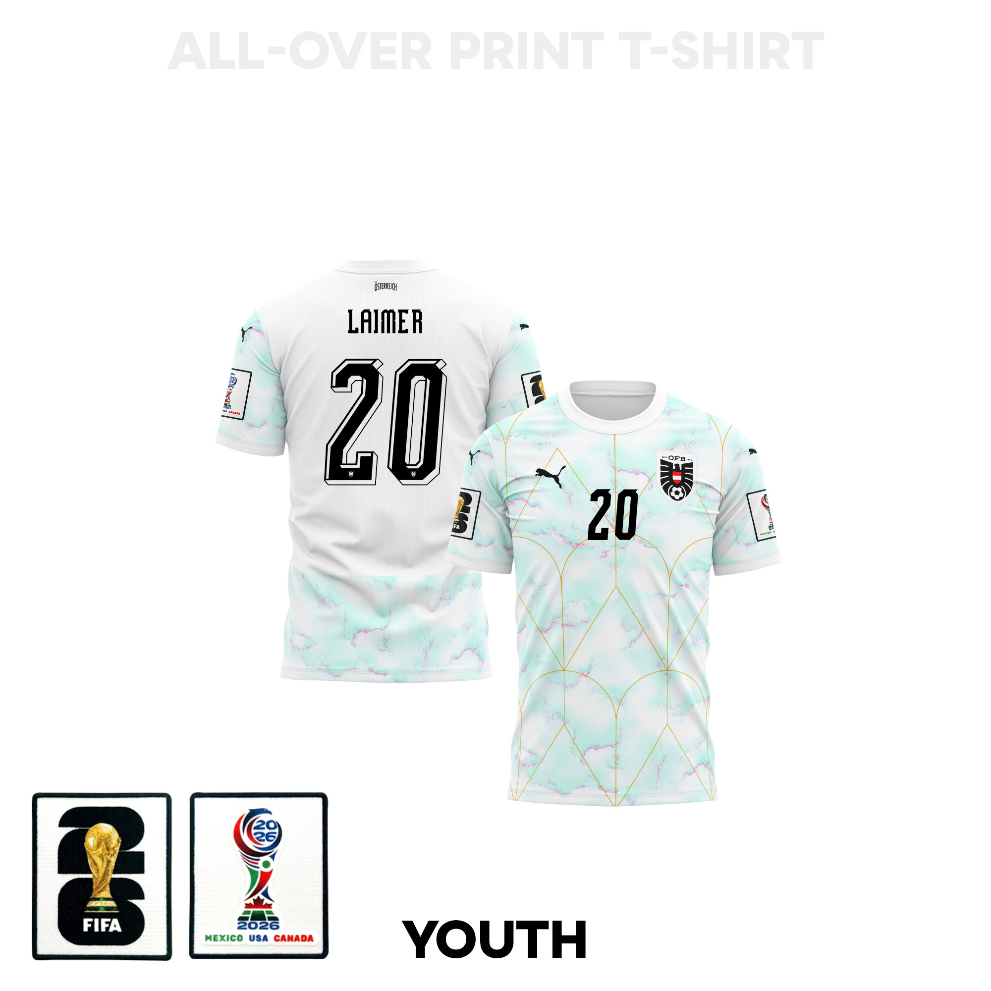 Konrad Laimer 20 Youth Austria 2026 Away 3D T-shirt Fully Printed – White – Jersey Teams