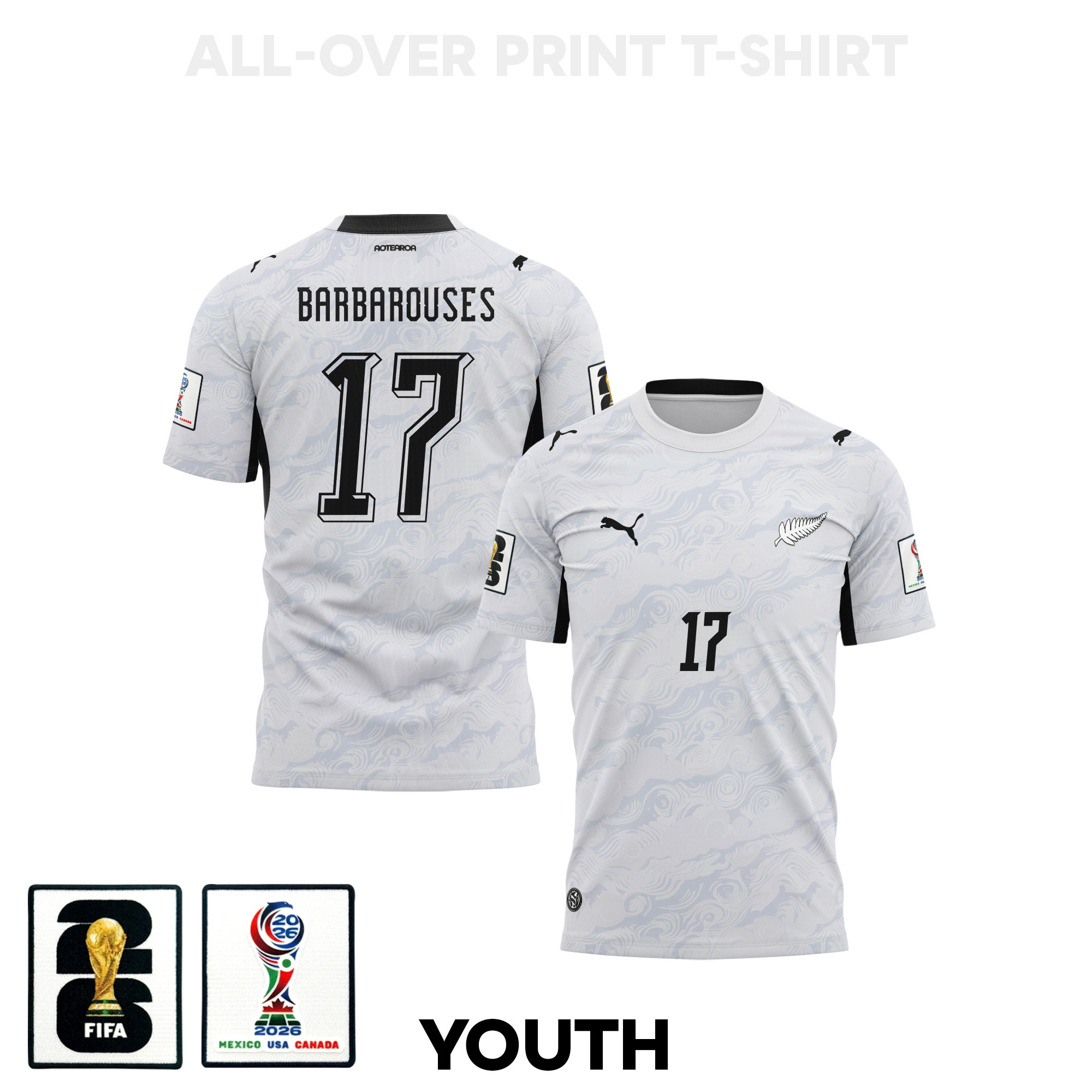 Kosta Barbarouses 17 Youth New Zealand 2026 Away 3D T-shirt Fully Printed – White – Jersey Teams