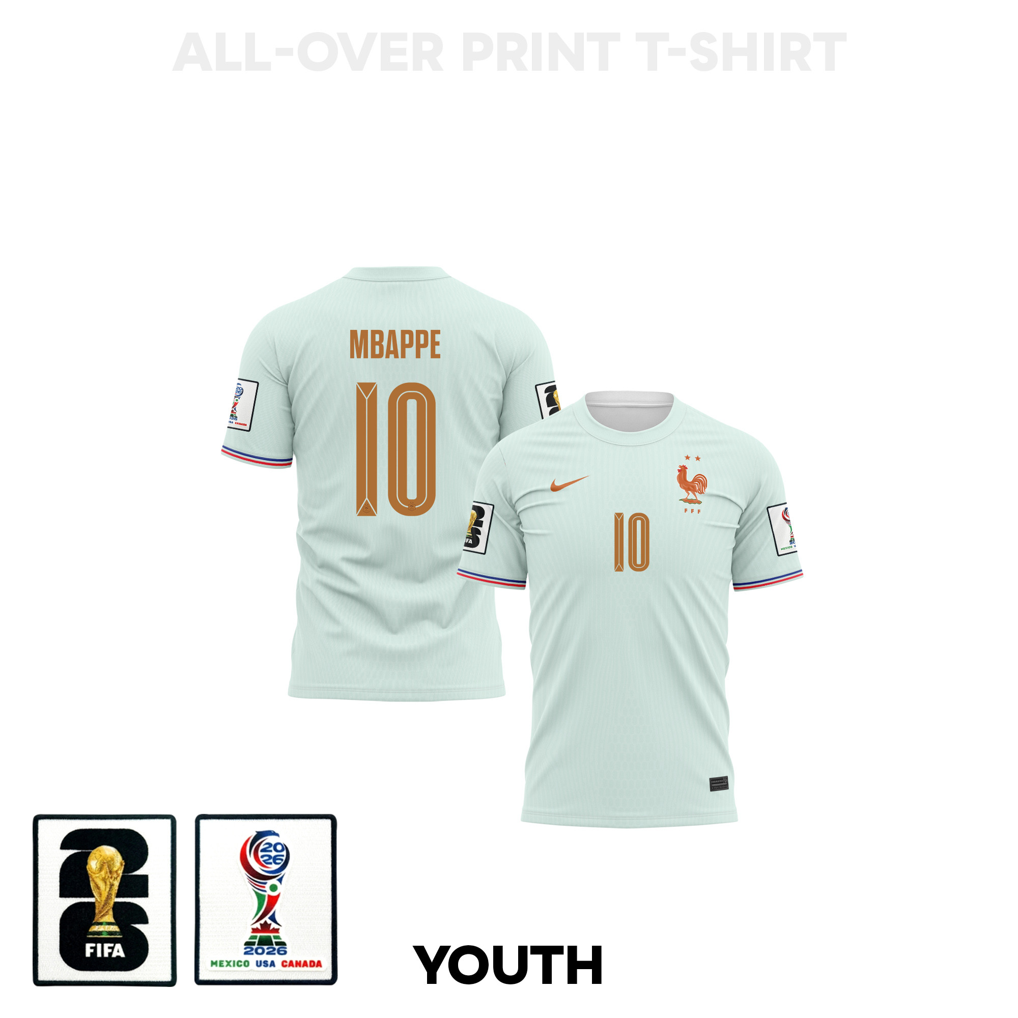 Kylian Mbappé 10 Youth France 2026 Away 3D T-shirt Fully Printed – Green - Jersey Teams