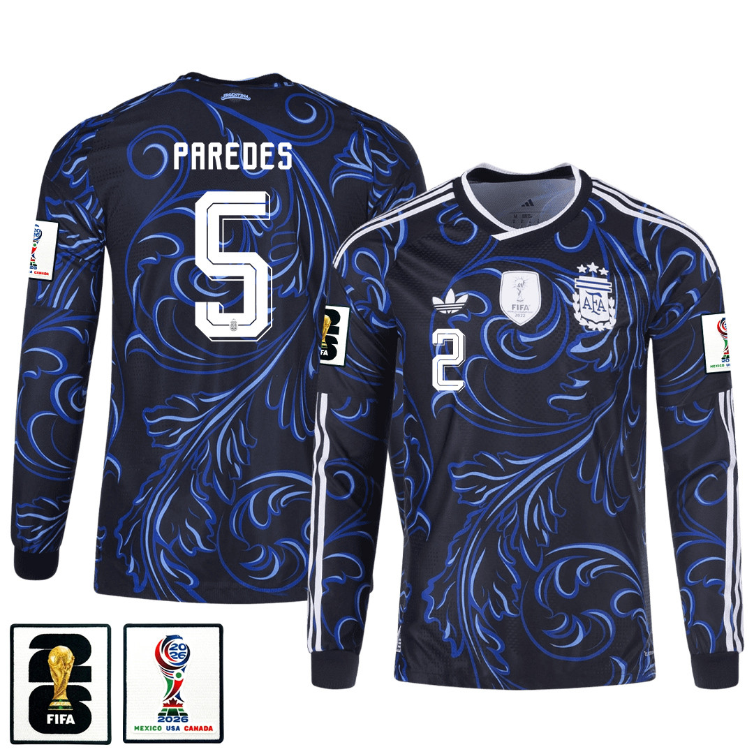 Leandro Paredes 5 Argentina 2026 Away Long Sleeve Jersey - Black - Jersey Teams