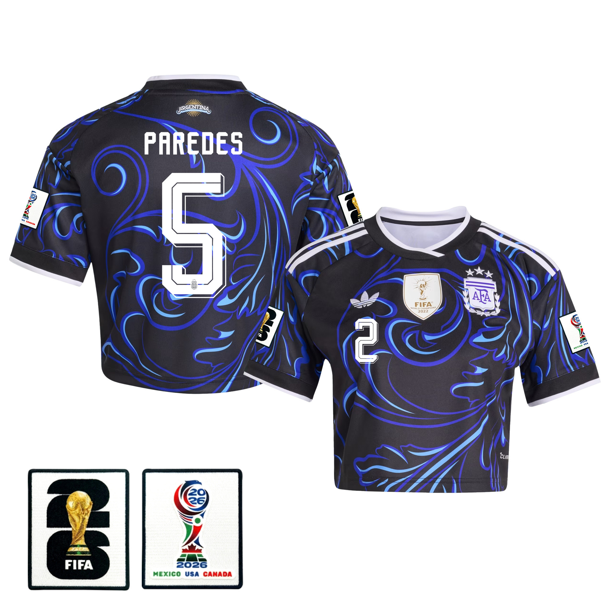 Leandro Paredes 5 Argentina 2026 Away Women’s Cropped Jersey – Black – Jersey Teams