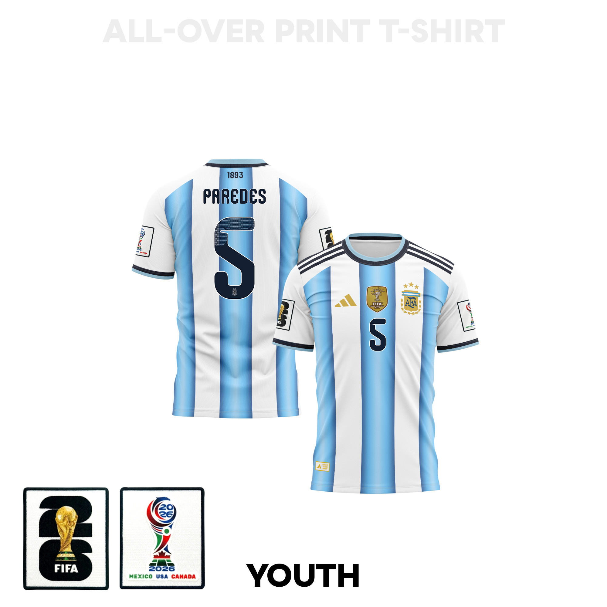 Leandro Paredes 5 Youth Argentina 2026 Home 3D T-shirt Fully Printed – White - Jersey Teams