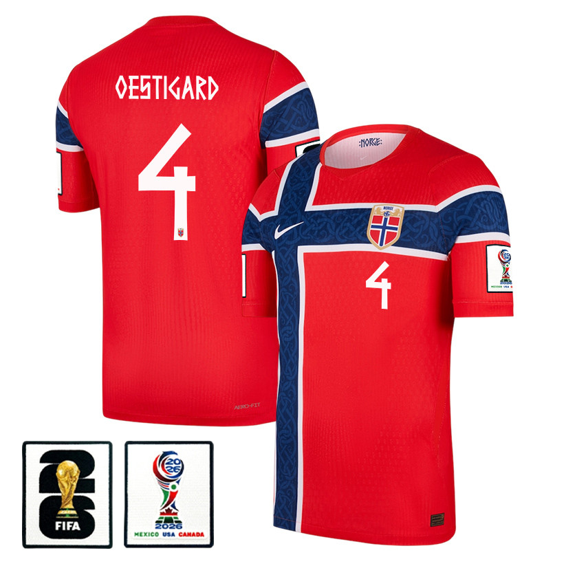 Leo Oestigard 4 Norway National Team 2026 x World Cup Patch Home Jersey - Red, Men - Jersey Teams