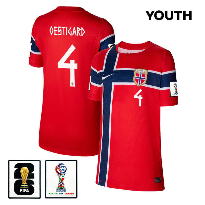 Leo Oestigard 4 Youth Norway National Team 2026 Home Jersey - Red - Jersey Teams