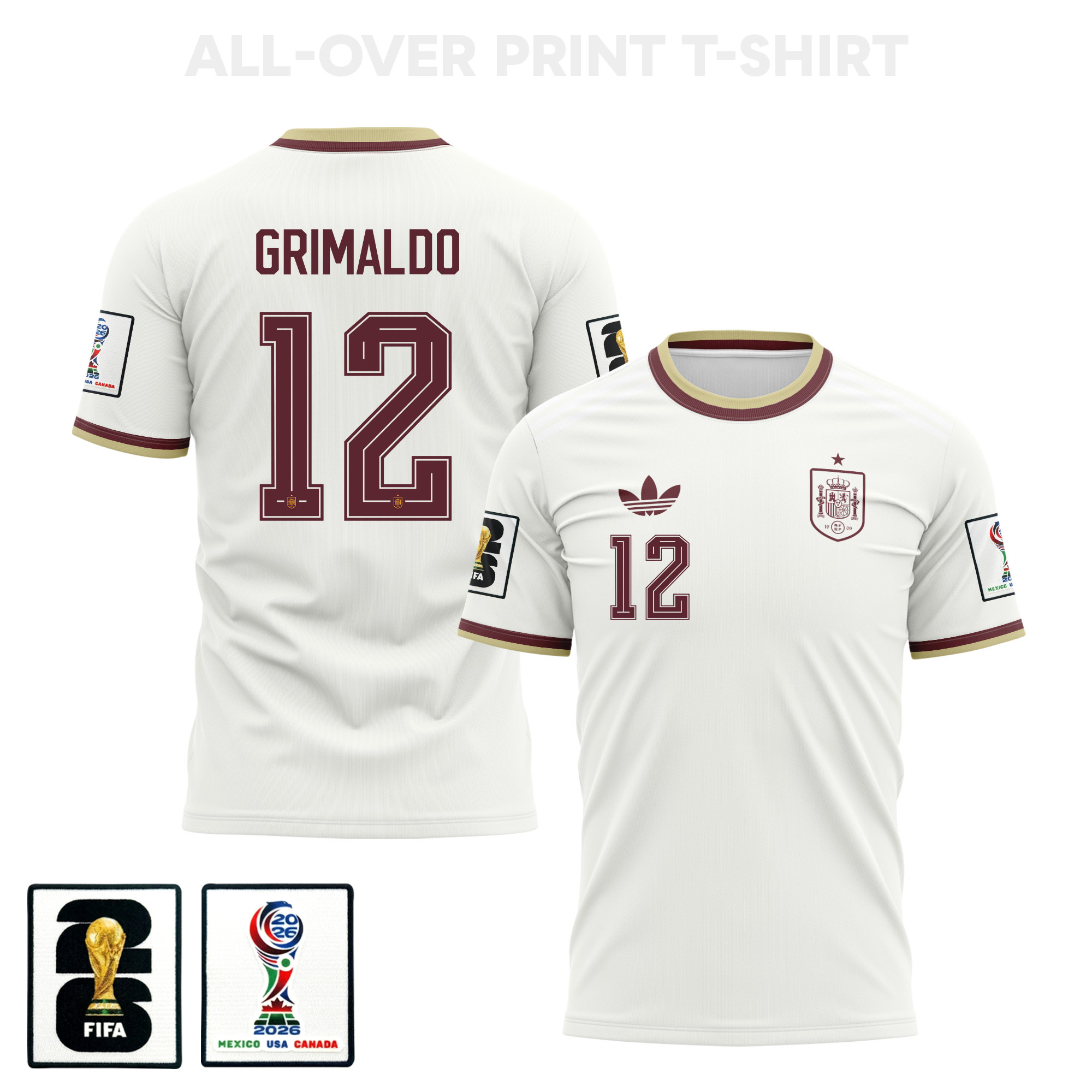 Álex Grimaldo 12 Spain 2026 Away 3D T-Shirt Fully Printed – Unisex, White – Jersey Teams