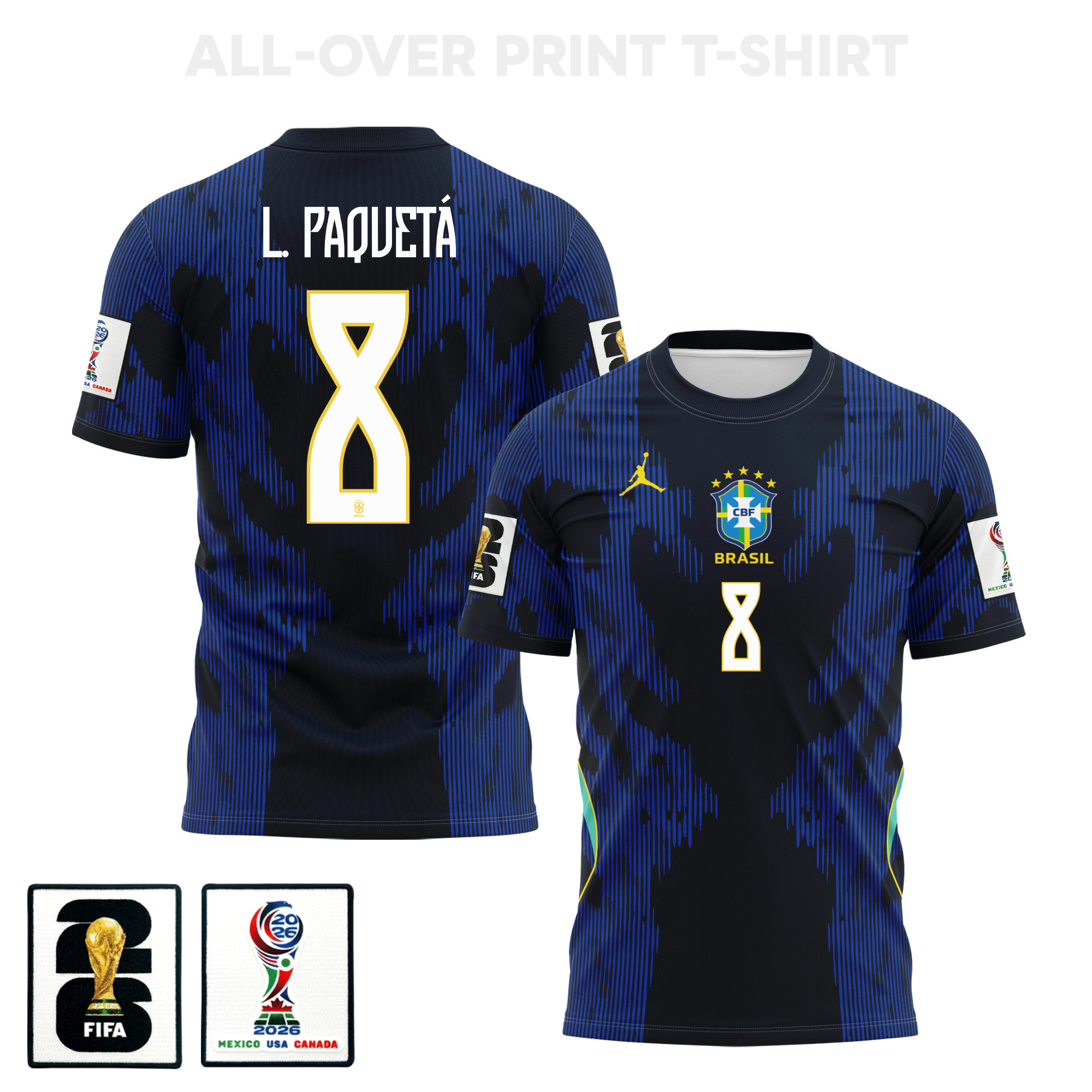 Lucas Paquetá 8 Brazil 2026 Away 3D T-Shirt Fully Printed – Unisex, Blue – Jersey Teams
