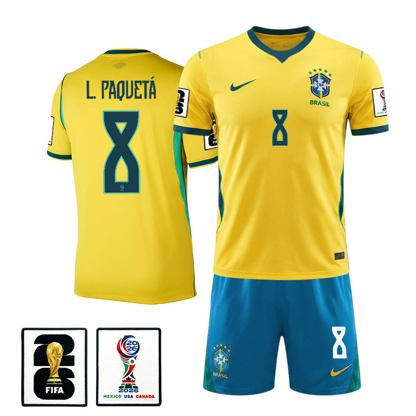 Lucas Paquetá 8 Brazil 2026 Home Men Jersey & Shorts Set – Yellow – Jersey Teams