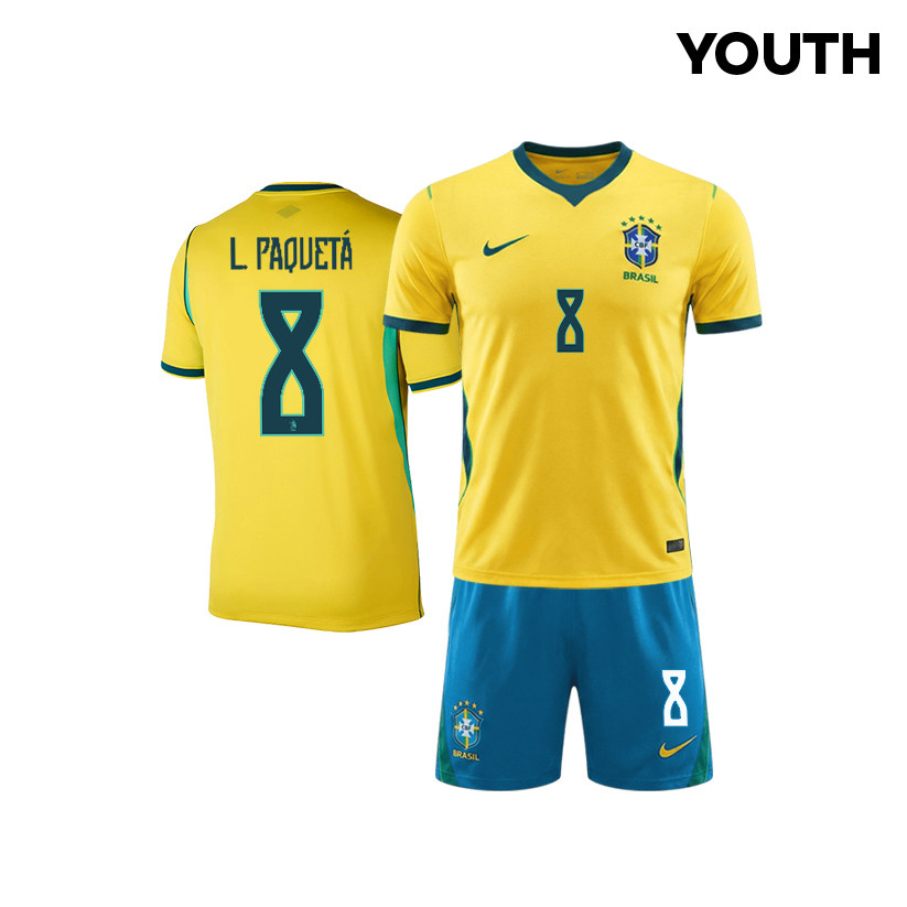 Lucas Paquetá 8 Brazil 2026 YOUTH Home Jersey & Shorts Set - Yellow - Jersey Teams