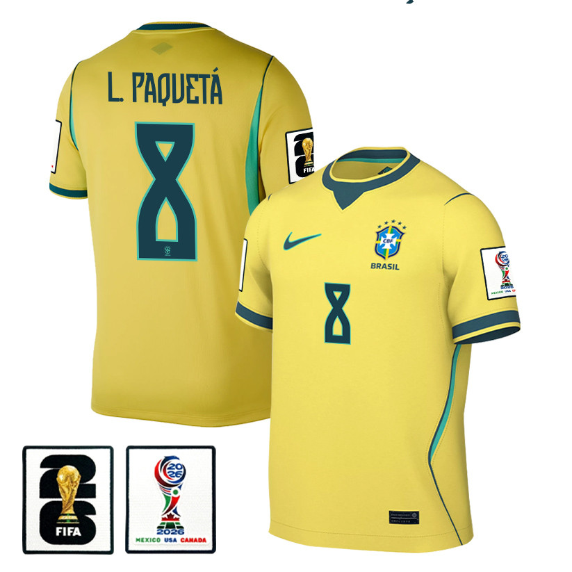 Lucas Paqueta 8 Brazil National Team 2026 x World Cup Patch Home Jersey - Yellow, Men - Jersey Teams
