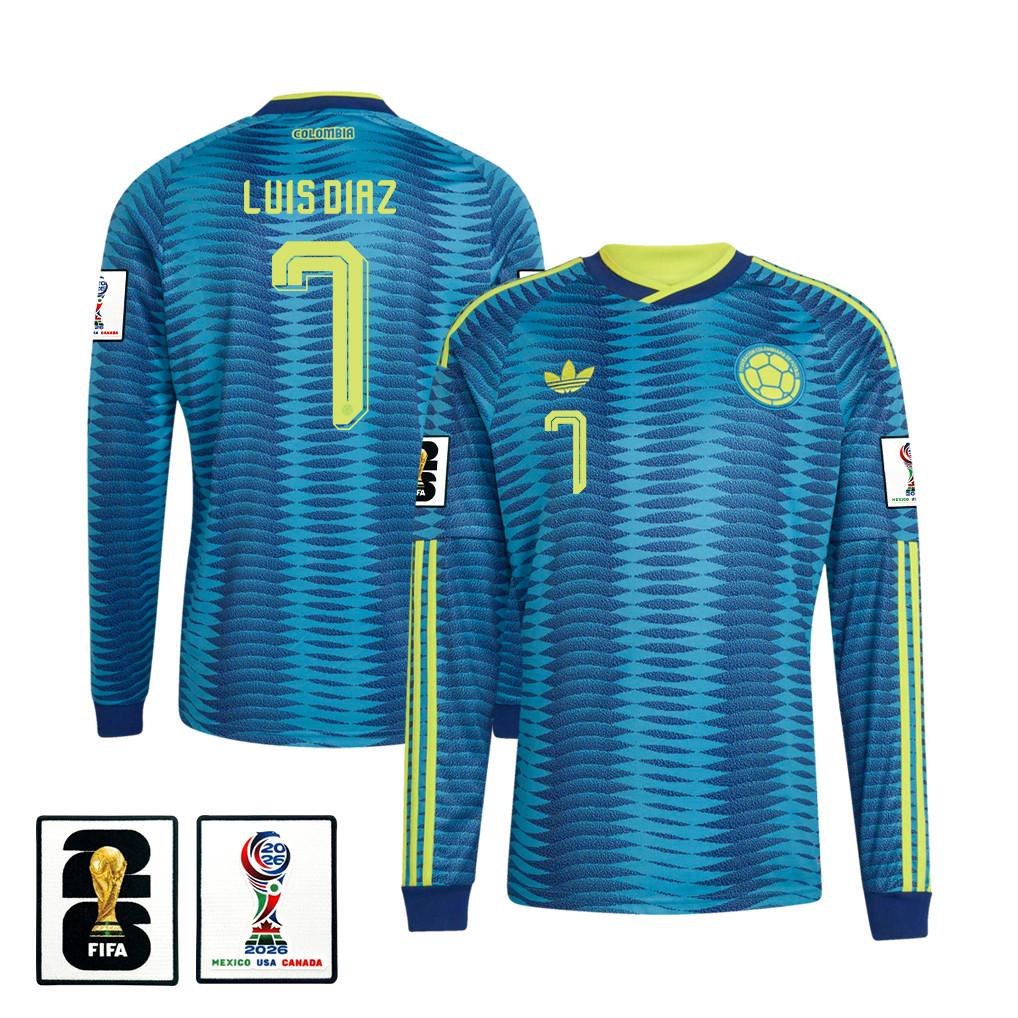 Luis Diaz 7 Colombia National Team 2026 Away Long Sleeve Jersey - Turquoise - Jersey Teams