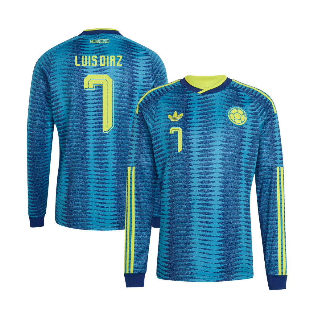 Luis Diaz 7 Colombia National Team 2026 Away Long Sleeve Jersey - Turquoise - Jersey Teams