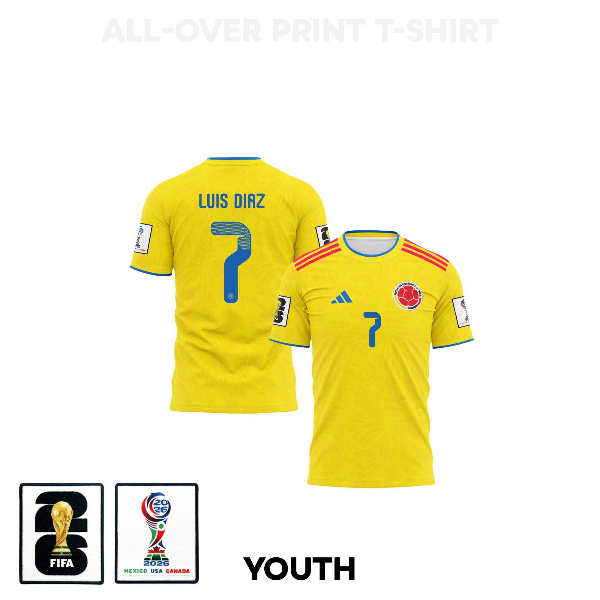 Luis Diaz 7 Youth Colombia 2026 Home 3D T-shirt Fully Printed – Yellow – Jersey Teams