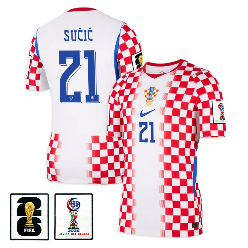 Luka Sučić 21 Croatia National Team 2026 x World Cup Patch Home Jersey - Men, White/ Red - Jersey Teams