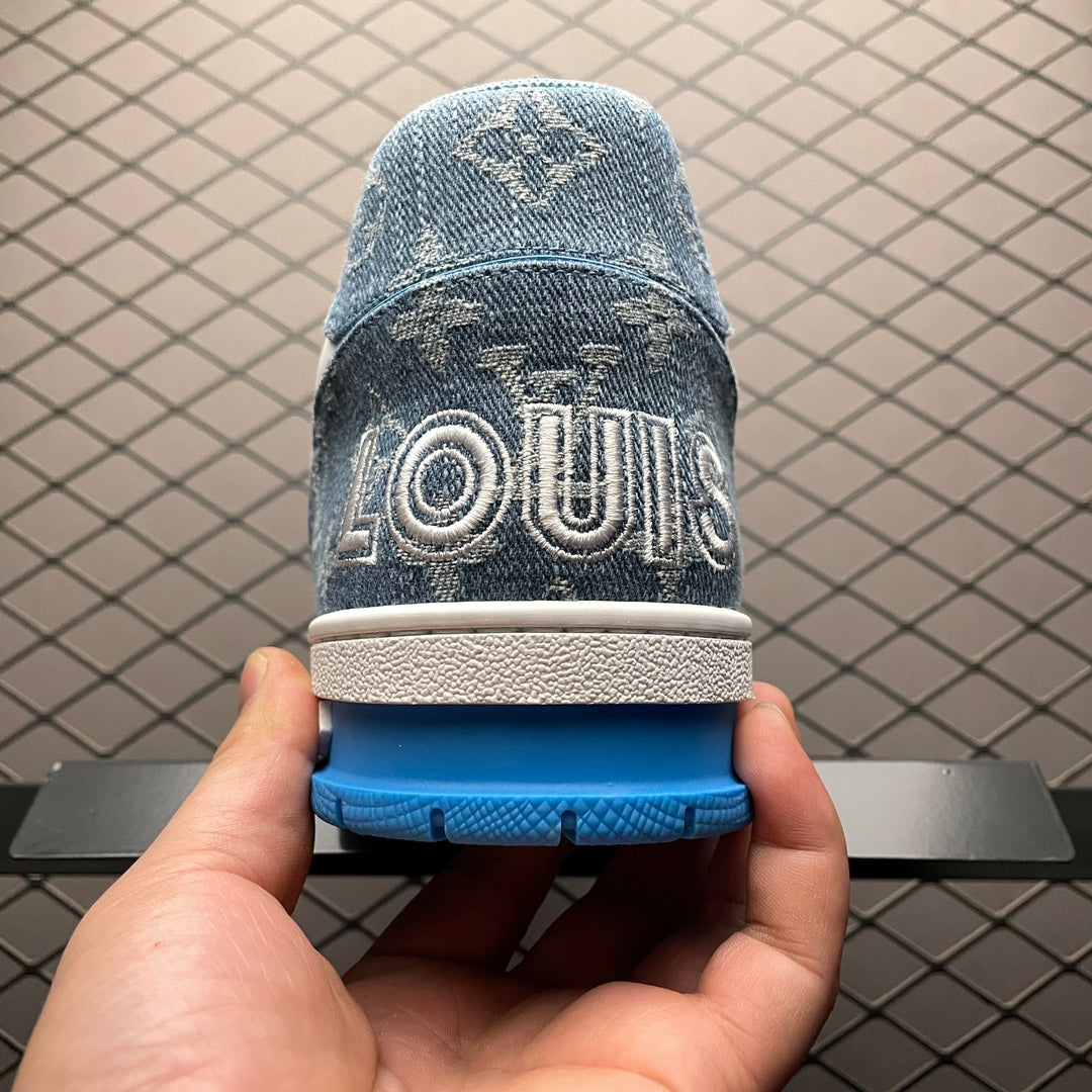 LV Trainers Velcro Strap Monogram Denim Blue