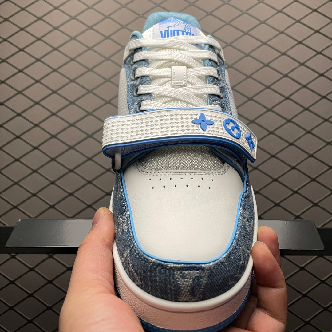 LV Trainers Velcro Strap Monogram Denim Blue
