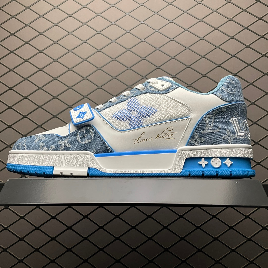LV Trainers Velcro Strap Monogram Denim Blue