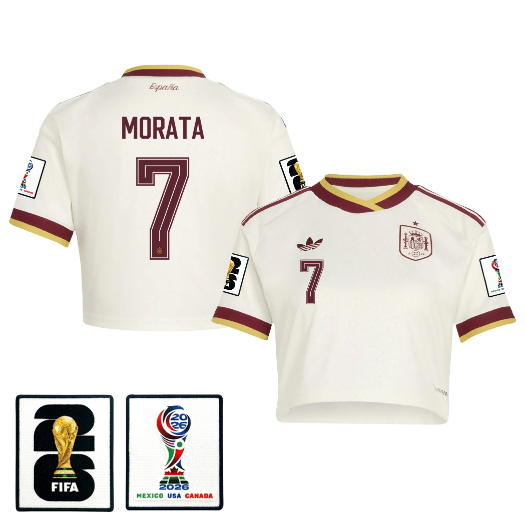 Álvaro Morata 7 Spain 2026 Away Women’s Cropped Jersey – White – Jersey Teams