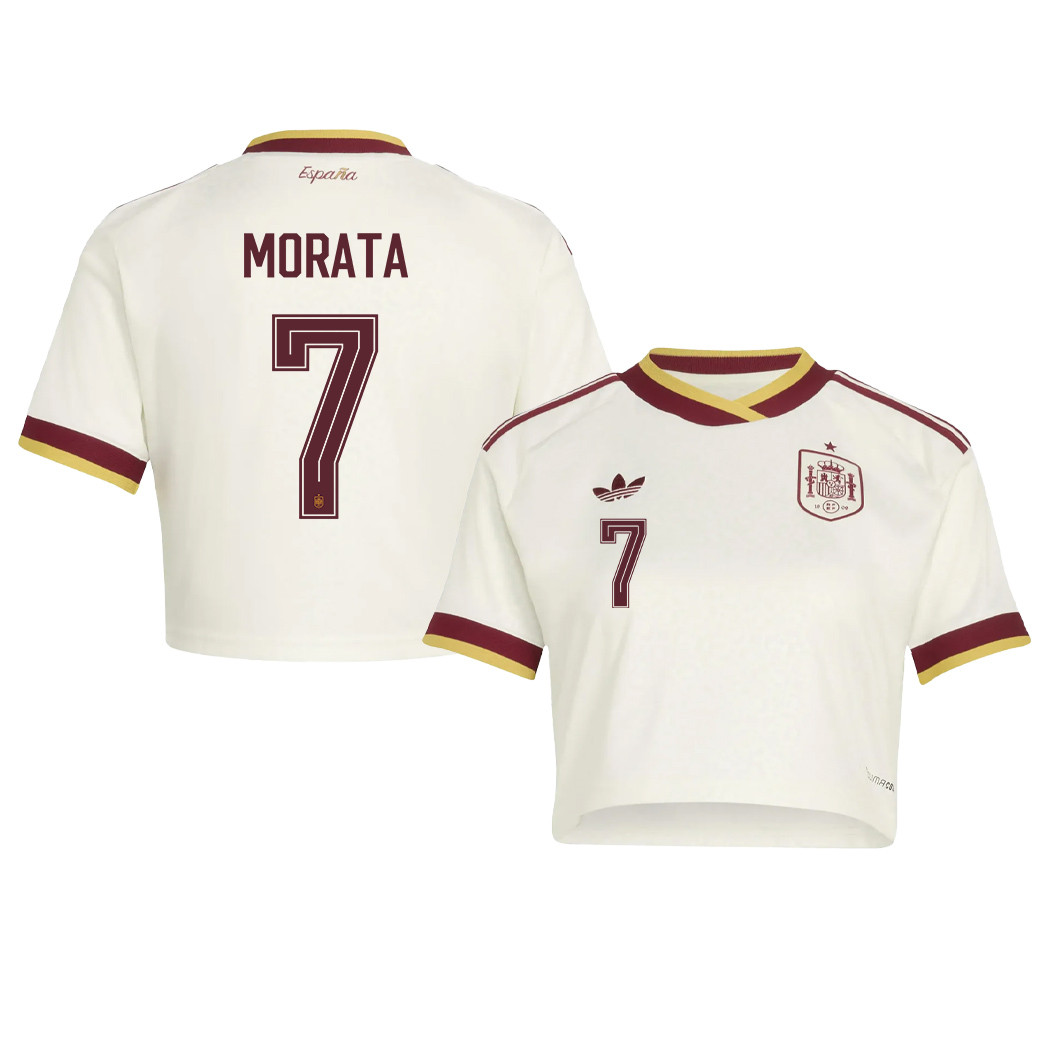 Álvaro Morata 7 Spain 2026 Away Women’s Cropped Jersey - White - Jersey Teams