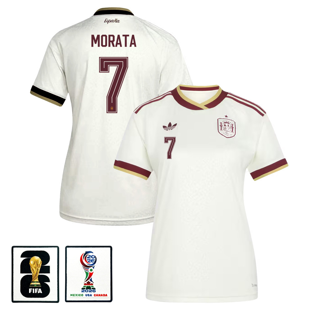 Álvaro Morata 7 Women’s Spain National Team 2026 Away Jersey – White – Jersey Teams