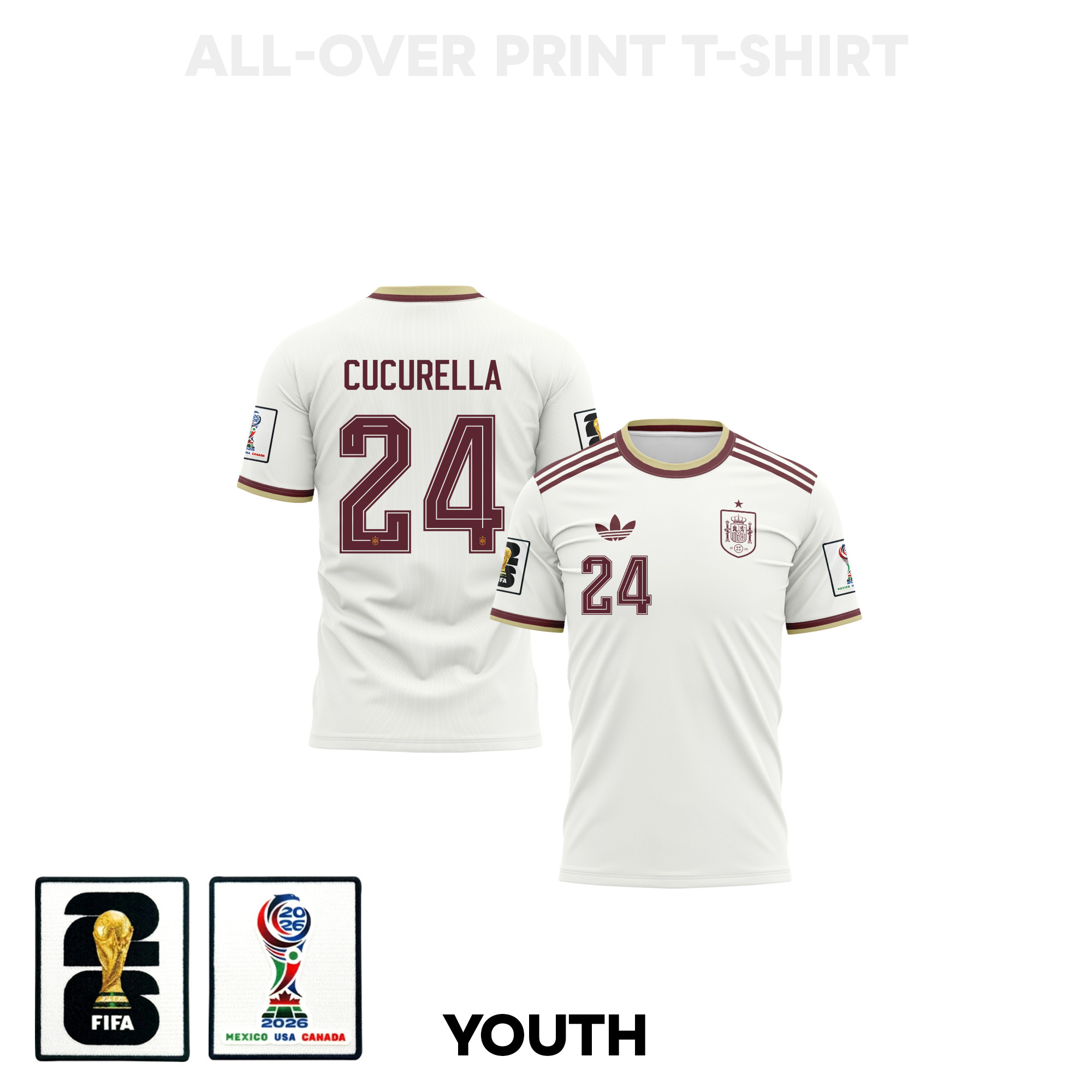 Marc Cucurella 24 Youth Spain 2026 Away 3D T-shirt Fully Printed – White – Jersey Teams